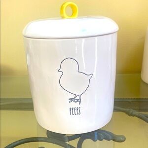 New Rae Dunn large White Ceramic Peeps Jar with Yellow Handle with baby chick